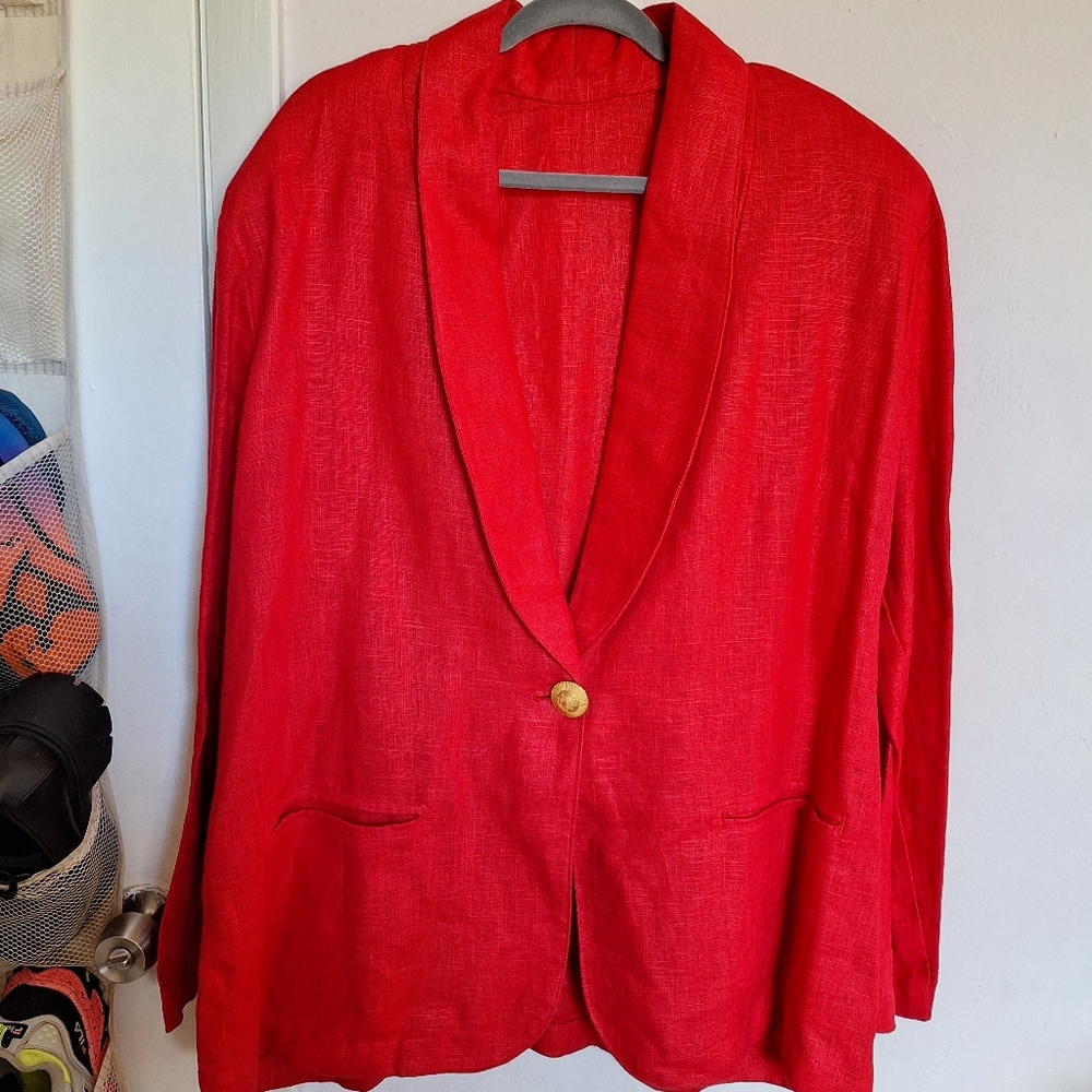 Women's Vintage 14-18W Red & Elegant Gold Button Textured Fabric Blazer - Picture 4 of 6